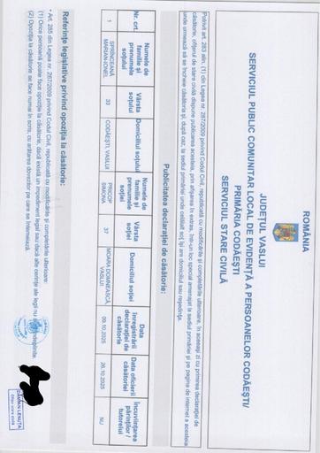 PUBLICAȚIE CĂSĂTORIE   26 10 2025