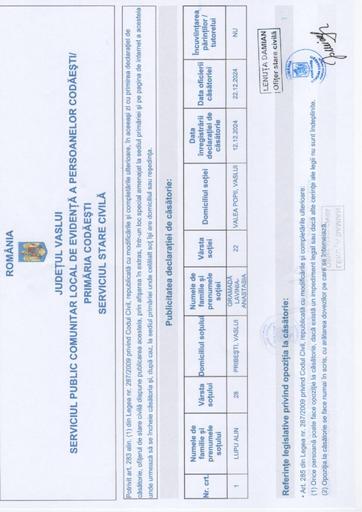 PUBLICAȚIE CĂSĂTORIE 22 DEC 2024