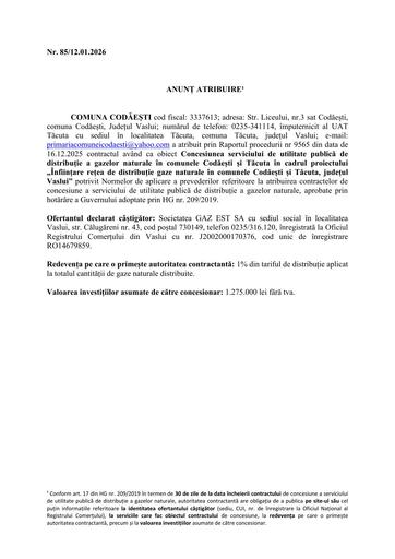 Anunt atribuire contract avand ca obiect concesiune seriviu utilitate publica distribuite gaze naturale