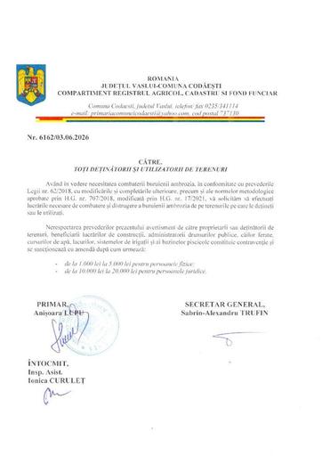 Instiintare cetateni combatere ambrozia