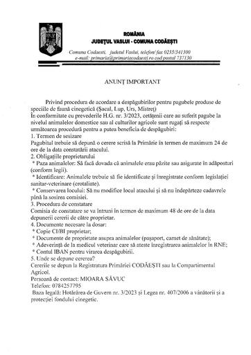 Procedura despagubiri animanle